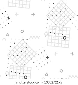Vintage Memphis Pattern. Seamless Background for Banner, Fabric, Cloth in Trendy Style. Colorful Geometric Pattern with Hand Drawn Scribble Elements. Colorful Triangles, Rings, Zigzags and Dots.
