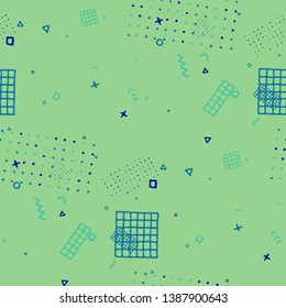 Vintage Memphis Pattern. Seamless Background for Banner, Poster, Cover in Trendy Style. Bright Geometric Pattern with Hand Drawn Scribble Elements. Colorful Triangles, Rings, Zigzags and Dots.