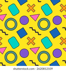 Vintage Memphis seamless pattern with circles, rings, triangles, crosses, rectangles, and zigzag lines on a bright yellow background. Perfect for retro or playful design, wallpaper, wrapping paper.