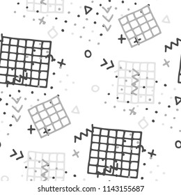 Vintage Memphis Texture. Seamless Background for Banner, Poster, Cloth in Trendy Style. Bright Geometric Pattern with Hand Drawn Scribble Elements. Colorful Triangles, Rings, Zigzags and Dots.