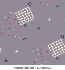 Vintage Memphis Texture. Seamless Background for Chintz, Cotton, Fabric in Trendy Style. Colorful Geometric Pattern with Hand Drawn Scribble Elements. Colorful Triangles, Rings, Zigzags and Dots.