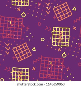 Vintage Memphis Texture. Seamless Background for Banner, Poster, Cloth in Trendy Style. Bright Geometric Pattern with Hand Drawn Scribble Elements. Colorful Triangles, Rings, Zigzags and Dots.