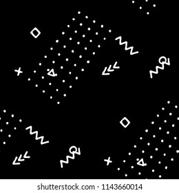 Vintage Memphis Texture. Seamless Background for Wallpaper, Fabric, Cloth in Trendy Style. Colorful Geometric Pattern with Hand Drawn Scribble Elements. Black and White Triangles, Zigzags and Dots.