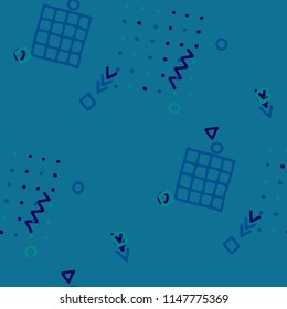 Vintage Memphis Texture. Seamless Background for Card, Poster, Cover in Trendy Style. Colorful Geometric Pattern with Hand Drawn Scribble Elements. Colorful Triangles, Rings, Zigzags and Dots.
