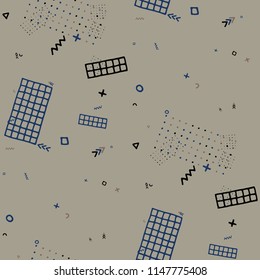 Vintage Memphis Texture. Seamless Background for Card, Banner, Cover in Trendy Style. Bright Geometric Pattern with Hand Drawn Scribble Elements. Colorful Triangles, Rings, Zigzags and Dots.