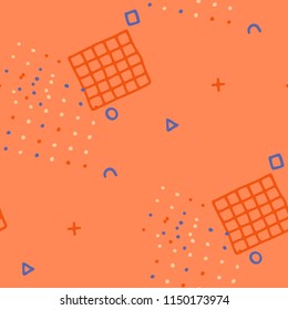 Vintage Memphis Texture. Seamless Background for Card, Print, Textile in Trendy Style. Bright Geometric Pattern with Hand Drawn Scribble Elements. Colorful Triangles, Rings, Zigzags and Dots.