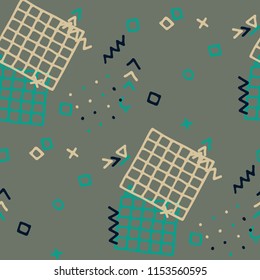 Vintage Memphis Texture. Seamless Background for Wallpaper, Fabric, Swimwear in Trendy Style. Colorful Geometric Pattern with Hand Drawn Scribble Elements. Colorful Triangles, Rings, Zigzags and Dots.