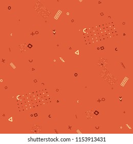 Vintage Memphis Texture. Seamless Background for Chintz, Calico, Fabric in Trendy Style. Colorful Geometric Pattern with Hand Drawn Scribble Elements. Colorful Triangles, Rings, Zigzags and Dots.