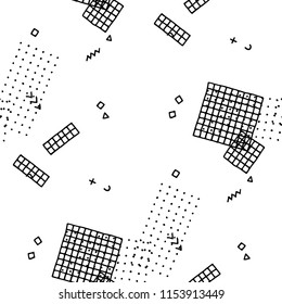 Vintage Memphis Texture. Seamless Background for Wallpaper, Fabric, Cloth in Trendy Style. Colorful Geometric Pattern with Hand Drawn Scribble Elements. Black and White Triangles, Zigzags and Dots.