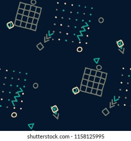 Vintage Memphis Texture. Seamless Background for Wallpaper, Calico, Fabric in Trendy Style. Colorful Geometric Pattern with Hand Drawn Scribble Elements. Colorful Triangles, Rings, Zigzags and Dots.