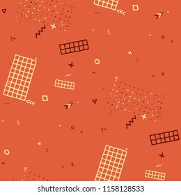 Vintage Memphis Texture. Seamless Background for Wallpaper, Cotton, Swimwear in Trendy Style. Colorful Geometric Pattern with Hand Drawn Scribble Elements. Colorful Triangles, Rings, Zigzags and Dots.