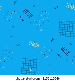Vintage Memphis Texture. Seamless Background for Chintz, Cotton, Fabric in Trendy Style. Colorful Geometric Pattern with Hand Drawn Scribble Elements. Colorful Triangles, Rings, Zigzags and Dots.