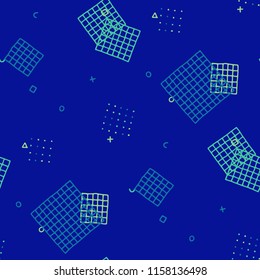 Vintage Memphis Texture. Seamless Background for Chintz, Cotton, Fabric in Trendy Style. Colorful Geometric Pattern with Hand Drawn Scribble Elements. Colorful Triangles, Rings, Zigzags and Dots.