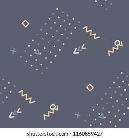 Vintage Memphis Texture. Seamless Background for Wallpaper, Print, Textile in Trendy Style. Bright Geometric Pattern with Hand Drawn Scribble Elements. Colorful Triangles, Rings, Zigzags and Dots.