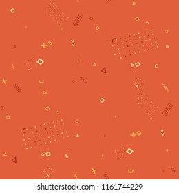 Vintage Memphis Texture. Seamless Background for Banner, Poster, Cover in Trendy Style. Colorful Geometric Pattern with Hand Drawn Scribble Elements. Colorful Triangles, Rings, Zigzags and Dots.