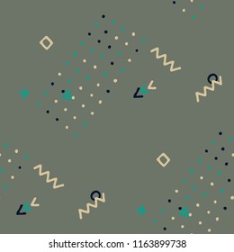 Vintage Memphis Texture. Seamless Background for Card, Banner, Cover in Trendy Style. Colorful Geometric Pattern with Hand Drawn Scribble Elements. Colorful Triangles, Rings, Zigzags and Dots.