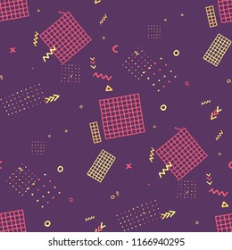 Vintage Memphis Texture. Seamless Background for Card, Print, Textile in Trendy Style. Bright Geometric Pattern with Hand Drawn Scribble Elements. Colorful Triangles, Rings, Zigzags and Dots.