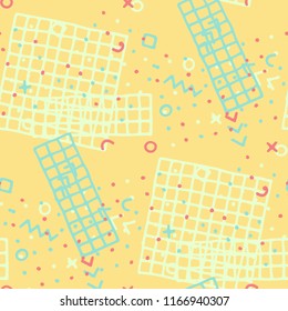 Vintage Memphis Texture. Seamless Background for Chintz, Calico, Fabric in Trendy Style. Bright Geometric Pattern with Hand Drawn Scribble Elements. Colorful Triangles, Rings, Zigzags and Dots.
