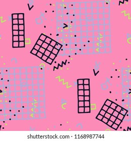 Vintage Memphis Texture. Seamless Background for Banner, Poster, Cover in Trendy Style. Bright Geometric Pattern with Hand Drawn Scribble Elements. Colorful Triangles, Rings, Zigzags and Dots.