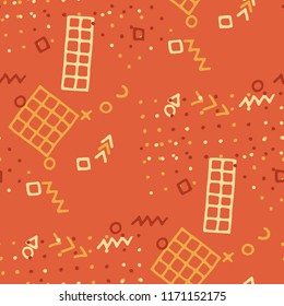 Vintage Memphis Texture. Seamless Background for Wallpaper, Calico, Textile in Trendy Style. Bright Geometric Pattern with Hand Drawn Scribble Elements. Colorful Triangles, Rings, Zigzags and Dots.
