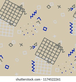 Vintage Memphis Texture. Seamless Background for Wallpaper, Cotton, Swimwear in Trendy Style. Bright Geometric Pattern with Hand Drawn Scribble Elements. Colorful Triangles, Rings, Zigzags and Dots.