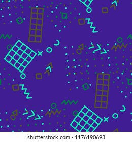 Vintage Memphis Texture. Seamless Background for Wallpaper, Fabric, Swimwear in Trendy Style. Colorful Geometric Pattern with Hand Drawn Scribble Elements. Colorful Triangles, Rings, Zigzags and Dots.