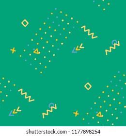 Vintage Memphis Texture. Seamless Background for Chintz, Cotton, Fabric in Trendy Style. Colorful Geometric Pattern with Hand Drawn Scribble Elements. Colorful Triangles, Rings, Zigzags and Dots.