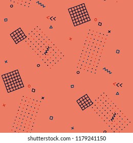 Vintage Memphis Texture. Seamless Background for Chintz, Cotton, Fabric in Trendy Style. Bright Geometric Pattern with Hand Drawn Scribble Elements. Colorful Triangles, Rings, Zigzags and Dots.