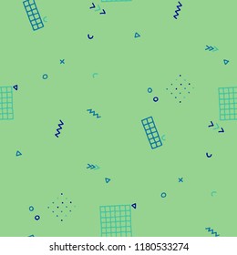 Vintage Memphis Texture. Seamless Background for Wallpaper, Cotton, Swimwear in Trendy Style. Colorful Geometric Pattern with Hand Drawn Scribble Elements. Colorful Triangles, Rings, Zigzags and Dots.