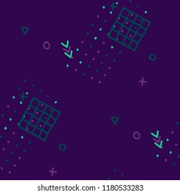 Vintage Memphis Texture. Seamless Background for Card, Banner, Cover in Trendy Style. Bright Geometric Pattern with Hand Drawn Scribble Elements. Colorful Triangles, Rings, Zigzags and Dots.