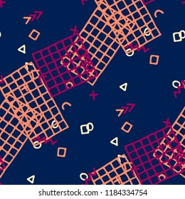 Vintage Memphis Texture. Seamless Background for Wallpaper, Cotton, Swimwear in Trendy Style. Bright Geometric Pattern with Hand Drawn Scribble Elements. Colorful Triangles, Rings, Zigzags and Dots.