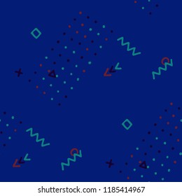 Vintage Memphis Texture. Seamless Background for Chintz, Calico, Fabric in Trendy Style. Bright Geometric Pattern with Hand Drawn Scribble Elements. Colorful Triangles, Rings, Zigzags and Dots.