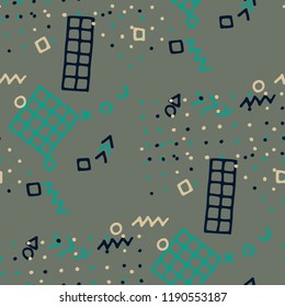 Vintage Memphis Texture. Seamless Background for Wallpaper, Cotton, Swimwear in Trendy Style. Bright Geometric Pattern with Hand Drawn Scribble Elements. Colorful Triangles, Rings, Zigzags and Dots.