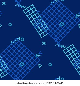 Vintage Memphis Texture. Seamless Background for Wallpaper, Calico, Fabric in Trendy Style. Colorful Geometric Pattern with Hand Drawn Scribble Elements. Colorful Triangles, Rings, Zigzags and Dots.