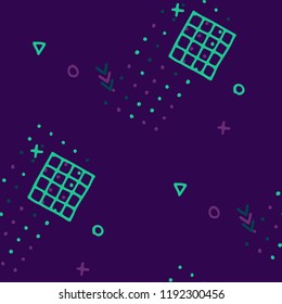 Vintage Memphis Texture. Seamless Background for Card, Print, Textile in Trendy Style. Bright Geometric Pattern with Hand Drawn Scribble Elements. Colorful Triangles, Rings, Zigzags and Dots.