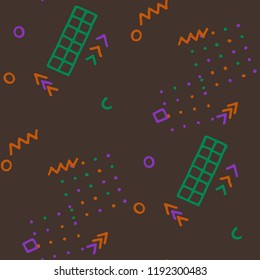 Vintage Memphis Texture. Seamless Background for Card, Banner, Cover in Trendy Style. Bright Geometric Pattern with Hand Drawn Scribble Elements. Colorful Triangles, Rings, Zigzags and Dots.