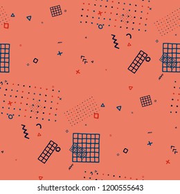 Vintage Memphis Texture. Seamless Background for Chintz, Cotton, Swimwear in Trendy Style. Bright Geometric Pattern with Hand Drawn Scribble Elements. Colorful Triangles, Rings, Zigzags and Dots.