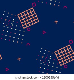Vintage Memphis Texture. Seamless Background for Chintz, Cotton, Swimwear in Trendy Style. Colorful Geometric Pattern with Hand Drawn Scribble Elements. Colorful Triangles, Rings, Zigzags and Dots.