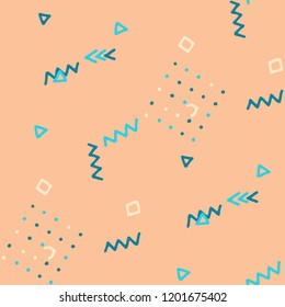 Vintage Memphis Texture. Seamless Background for Banner, Fabric, Cloth in Trendy Style. Bright Geometric Pattern with Hand Drawn Scribble Elements. Colorful Triangles, Rings, Zigzags and Dots.