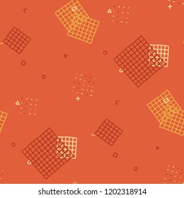 Vintage Memphis Texture. Seamless Background for Wallpaper, Fabric, Cloth in Trendy Style. Colorful Geometric Pattern with Hand Drawn Scribble Elements. Colorful Triangles, Rings, Zigzags and Dots.