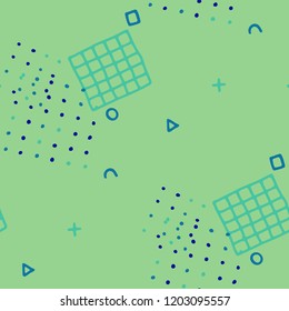 Vintage Memphis Texture. Seamless Background for Wallpaper, Calico, Textile in Trendy Style. Colorful Geometric Pattern with Hand Drawn Scribble Elements. Colorful Triangles, Rings, Zigzags and Dots.
