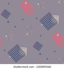 Vintage Memphis Texture. Seamless Background for Wallpaper, Cotton, Swimwear in Trendy Style. Colorful Geometric Pattern with Hand Drawn Scribble Elements. Colorful Triangles, Rings, Zigzags and Dots.