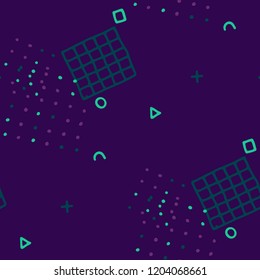 Vintage Memphis Texture. Seamless Background for Chintz, Cotton, Swimwear in Trendy Style. Bright Geometric Pattern with Hand Drawn Scribble Elements. Colorful Triangles, Rings, Zigzags and Dots.