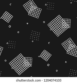 Vintage Memphis Texture. Seamless Background for Wallpaper, Fabric, Cloth in Trendy Style. Colorful Geometric Pattern with Hand Drawn Scribble Elements. Colorful Triangles, Rings, Zigzags and Dots.