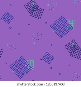 Vintage Memphis Texture. Seamless Background for Chintz, Calico, Fabric in Trendy Style. Bright Geometric Pattern with Hand Drawn Scribble Elements. Colorful Triangles, Rings, Zigzags and Dots.