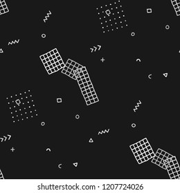 Vintage Memphis Texture. Seamless Background for Wallpaper, Calico, Textile in Trendy Style. Colorful Geometric Pattern with Hand Drawn Scribble Elements. Colorful Triangles, Rings, Zigzags and Dots.