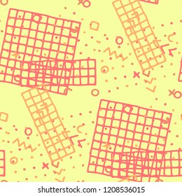 Vintage Memphis Texture. Seamless Background for Banner, Poster, Cloth in Trendy Style. Bright Geometric Pattern with Hand Drawn Scribble Elements. Colorful Triangles, Rings, Zigzags and Dots.