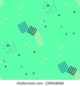 Vintage Memphis Texture. Seamless Background for Banner, Fabric, Cloth in Trendy Style. Colorful Geometric Pattern with Hand Drawn Scribble Elements. Colorful Triangles, Rings, Zigzags and Dots.