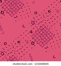 Vintage Memphis Texture. Seamless Background for Wallpaper, Fabric, Cloth in Trendy Style. Colorful Geometric Pattern with Hand Drawn Scribble Elements. Colorful Triangles, Rings, Zigzags and Dots.