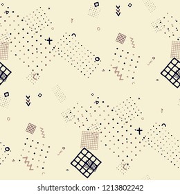 Vintage Memphis Texture. Seamless Background for Banner, Fabric, Cloth in Trendy Style. Colorful Geometric Pattern with Hand Drawn Scribble Elements. Colorful Triangles, Rings, Zigzags and Dots.